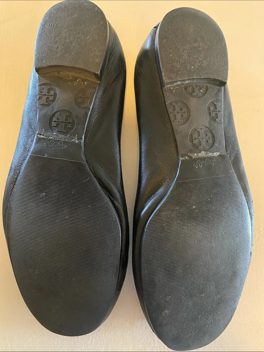 Tory Burch Black Leather Ballet Flats with Gold Logo Discs